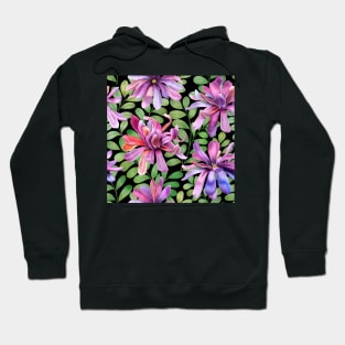 Tropical Magnolia Stellata flowers and leaves on black background. Fantasy watercolor botanical illustration. Exotic Star Magnolia flower blossom Hoodie